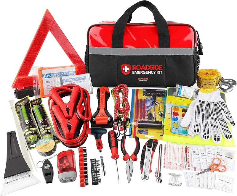 Kitgo Car Emergency Kit,Premium Roadside Assistance Essentials with Jumper Cables, Flashlight, Shovel, Screwdriver Set - Ideal Auto Road Safety Kit, Survival, Truck, RV and More Gift for Father (Red) - Image 1